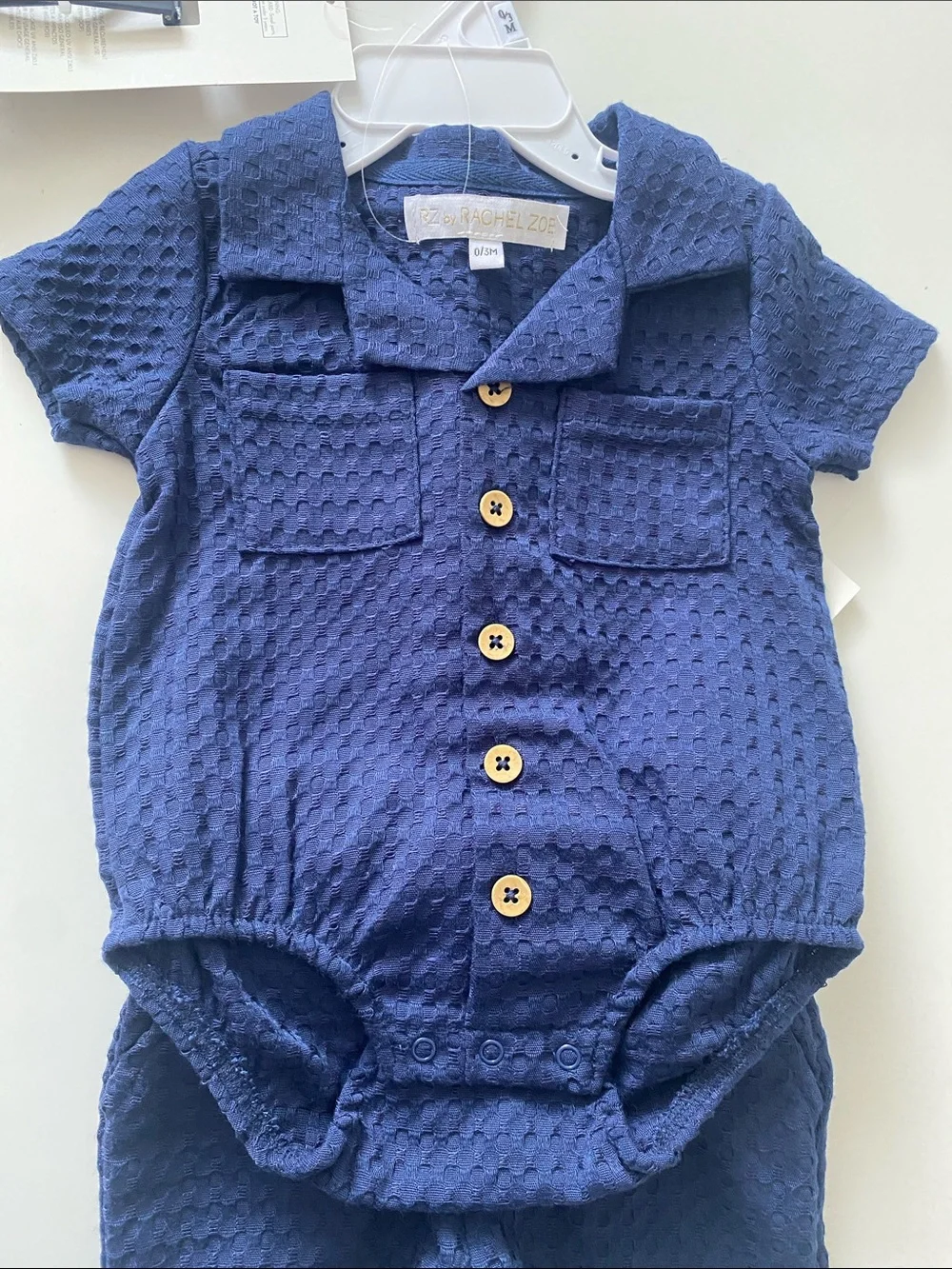 Rachel Zoe Navy Textured Baby Romper & Shorts Set with Sunglasses